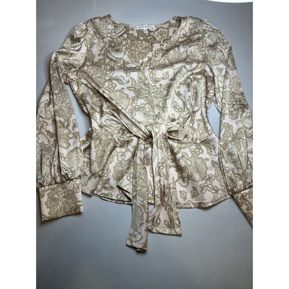 Pale Pink Paisley Silky Peplum Tie Waist Top Long Sleeves
